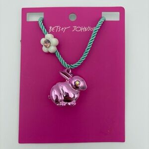 Betsey Johnson Pink Bunny Pendant Necklace Mint Green Rope Cord Cute Kitsch